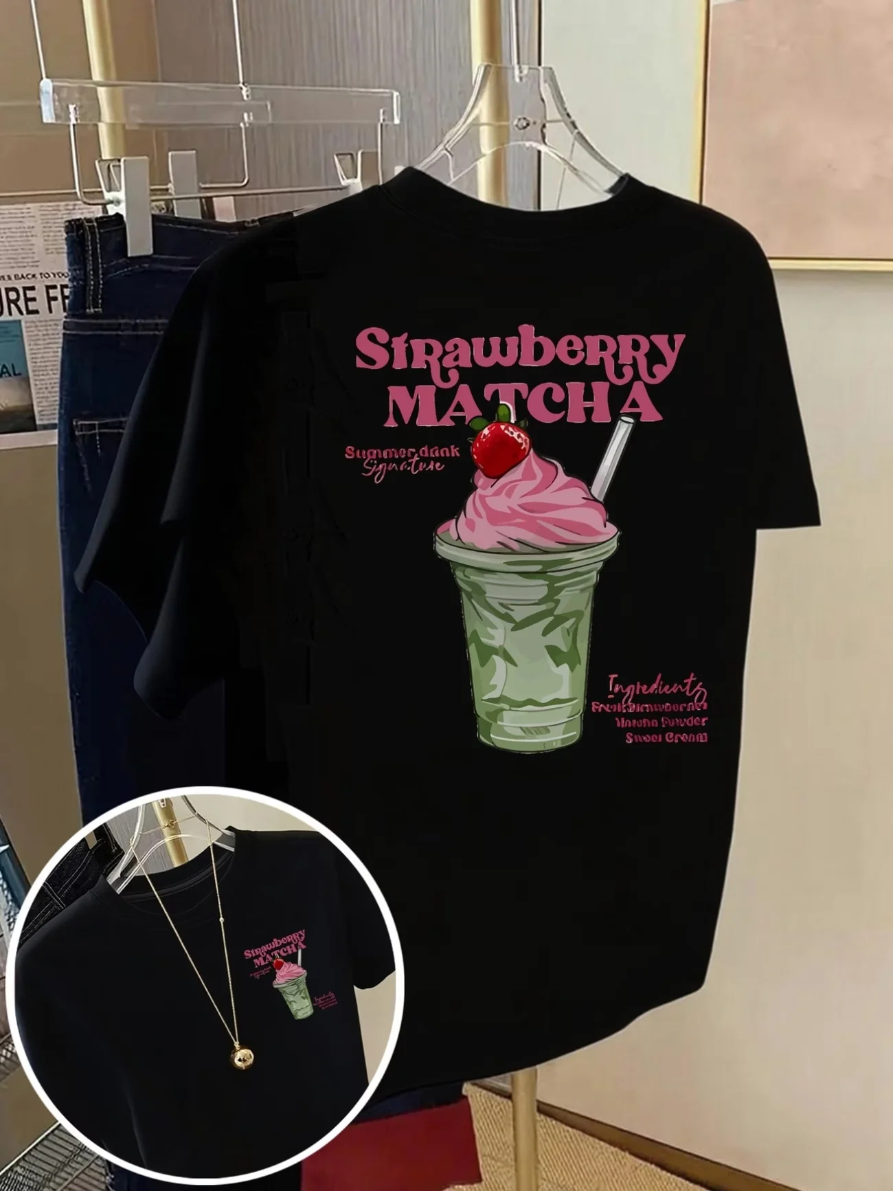 Cute Y2k Aesthetic Matcha Lover Tops Back Print Strawberry Matcha T Shirt Loose Streetwear Graphic Tees Women Fashion Clothing 2