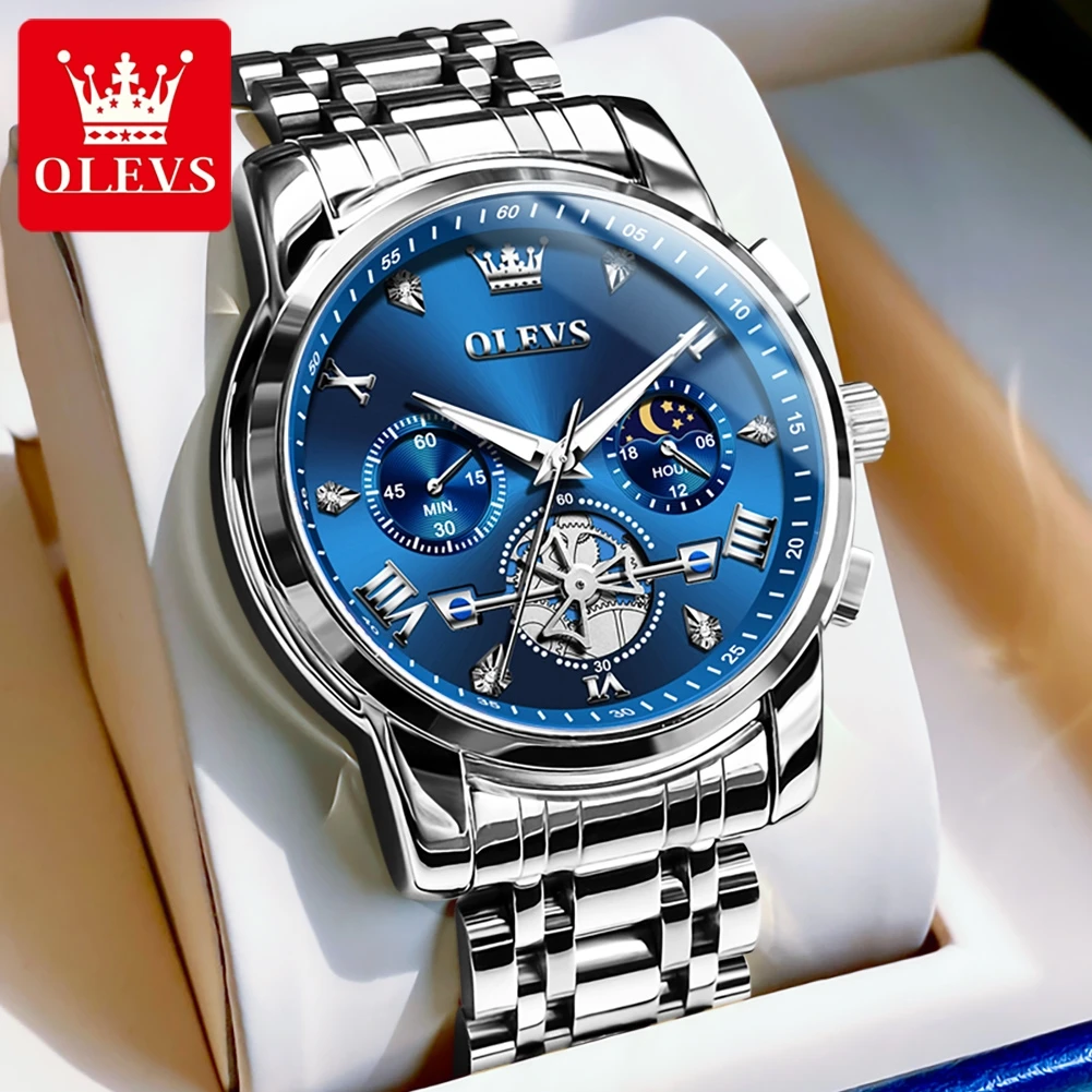 

OLEVS Fashion Business Stainless Steel Men Watches Luxury Brand Chronograph Moon-phase Waterproof Man Quartz Watch Clock 2856