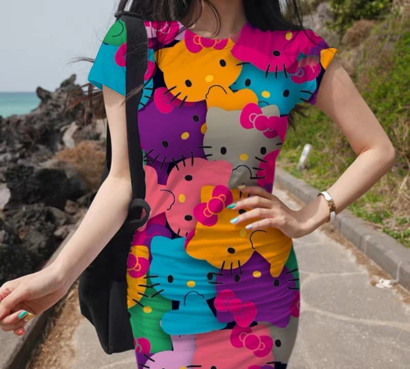 

Summer Hello Kitty cartoon print dress New women's short sleeve outdoor sports sexy tight mini short one-piece beach dress