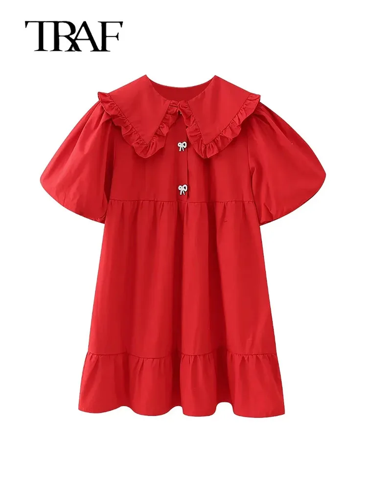 

TRAF Woman Ruffle Mini Dress 2024 Women Red Puff Sleeve Short Dresses for Woman Dresses Vintage Loose Female Dress