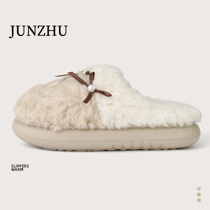 Fashion Pearl Bow Detor Fur Slippers Women Soft Faux Fur Cotton Slippers Woman Winter Thick Bottom Light Cotton Indoor Shoes
