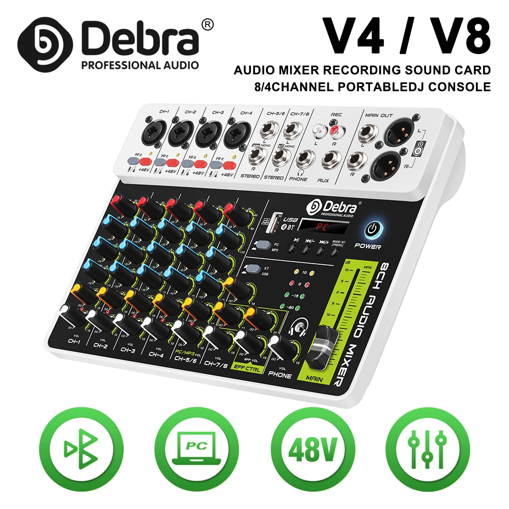 Debra V4/V8 Audio Interface Mixer Bluetooth 5.0 USB 48V Phantom Power DJ Mixer for PC Recording Delay Replay Effects audio mixer sound card audio interface