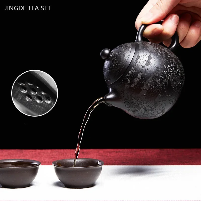 200ml Boutique Yixing Purple Clay Teapot Hand-carved Dragon Egg Pot Black Mud Beauty Tea Infuser Chinese Zisha Tea Accessories