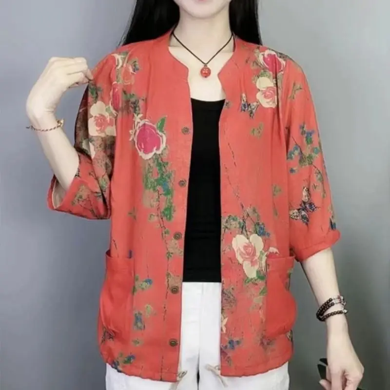 Vintage Floral Printed Single-breasted Blouse 2023 Spring Summer Thin Nine Quarter Sleeve Female Fashion Pockets Spliced Shirt