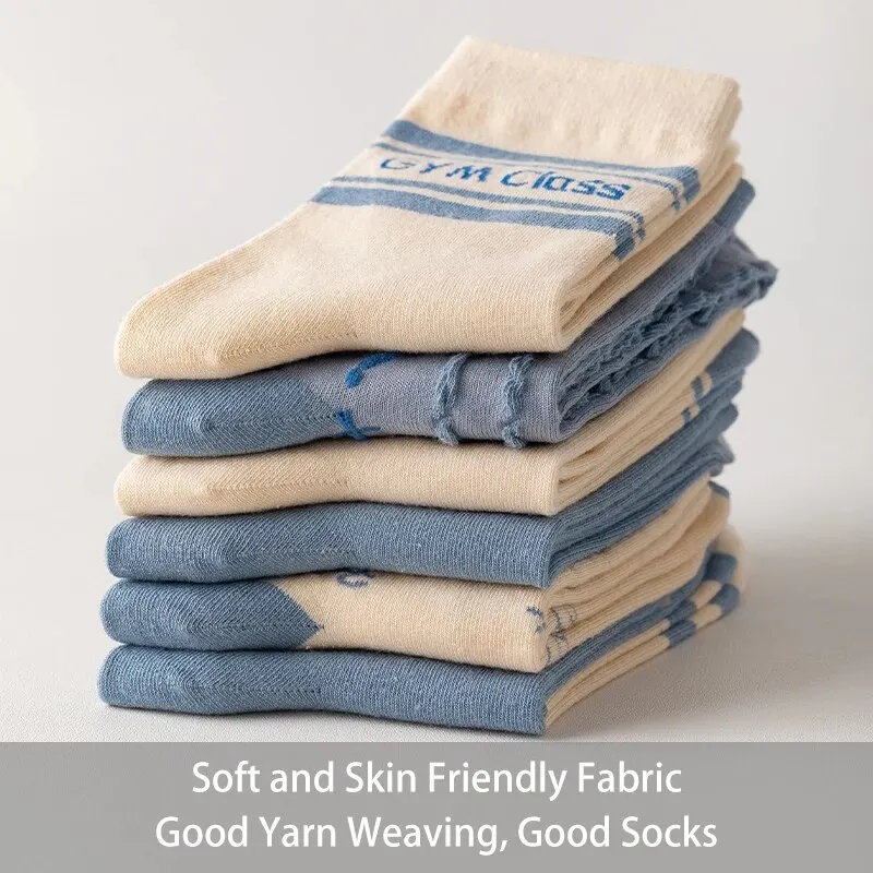 Womens Mid Calf Socks 5 Pairs of Women's Spring Four-season Cute SStriped Letters Youthful Beautiful Fashionable and Comfortable Mid-calf Socks