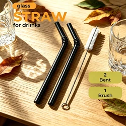 Set of 3 Eco - Friendly Colorful Reusable Glass Drinking Straws (Black)