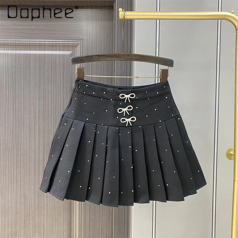 

Sweet Full-Body Rhinestones Bow Pleated Skirt for Women 2024 Summer New Elegant Woman High Waist Pin Short Skirts Female Student