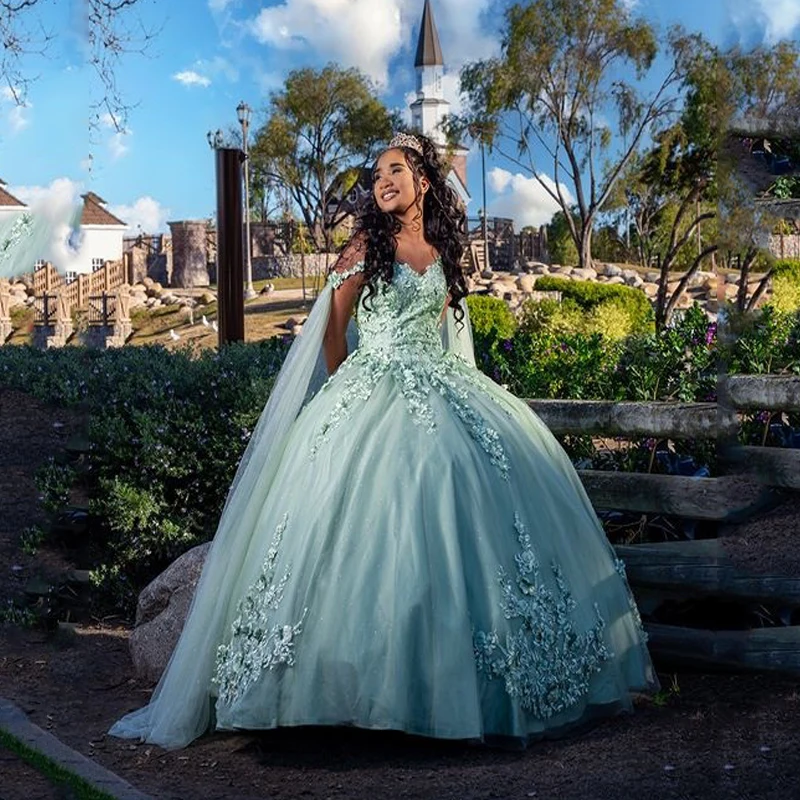 

ANGELSBRIDEP Sage Green Quinceanera Dress Ball Gown With Cape Crystal Sweet 15 Vestidos De XV Años Prom Pageant Gowns Corset