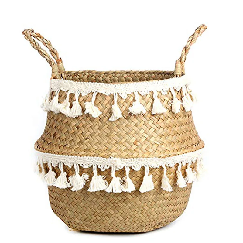 Boho Decor Wicker Baskets Storage Hand Woven Rattan Basket Foldable Pot with Handle Plant Cestos Mimbre Panier Rangement Osier 2