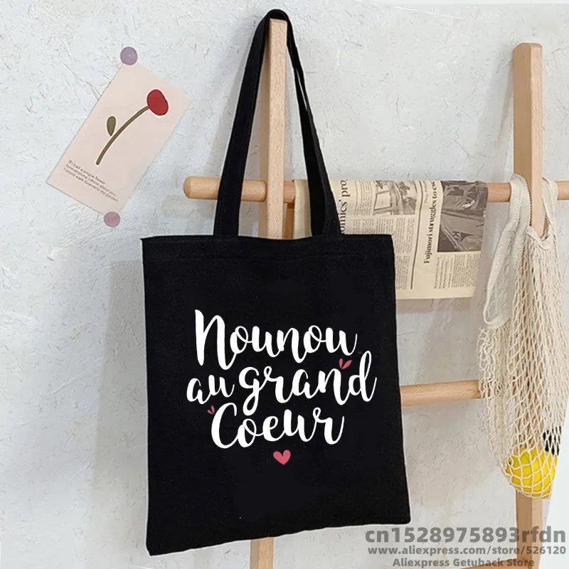 Nounou au grand coeur Sac Women Shopping Canvas Tote Bag Girl Harajuku Female Ulzzang Shoulder Bag