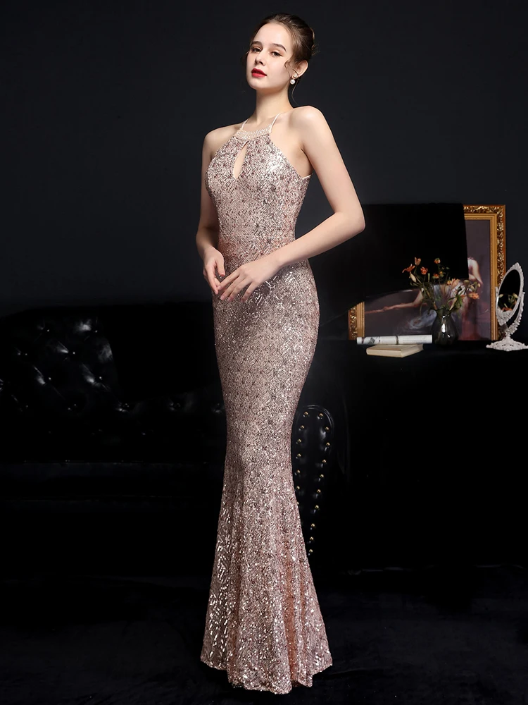 

Lady Women Sexy Hollow Out Party Maxi Dress Off Shoulder Gold Sequin Evening Dress