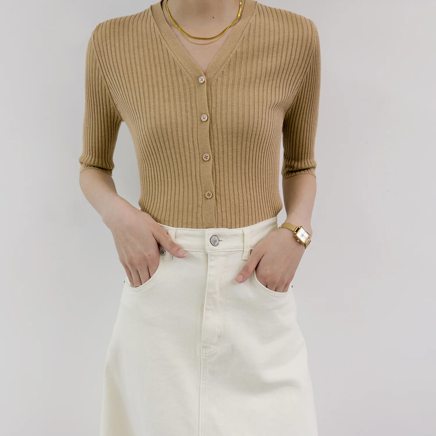 Silk Linen Blended Simple Slim Fit Casual Knitted Short Sleeve Cardigan V-Neck Slim Sweater