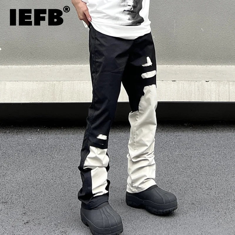 

IEFB Patchwork Jeans Trend Men Contrast Color Hole Straight Denim Pant Summer Loose Street Chic Spliced Wide Leg Trousers 9C1101