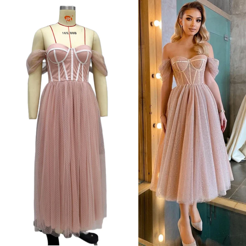 

2023 женские в розовый горошек платья из тюля вечерние платья с открытыми плечами элегантное милое платье-корсет вечерние