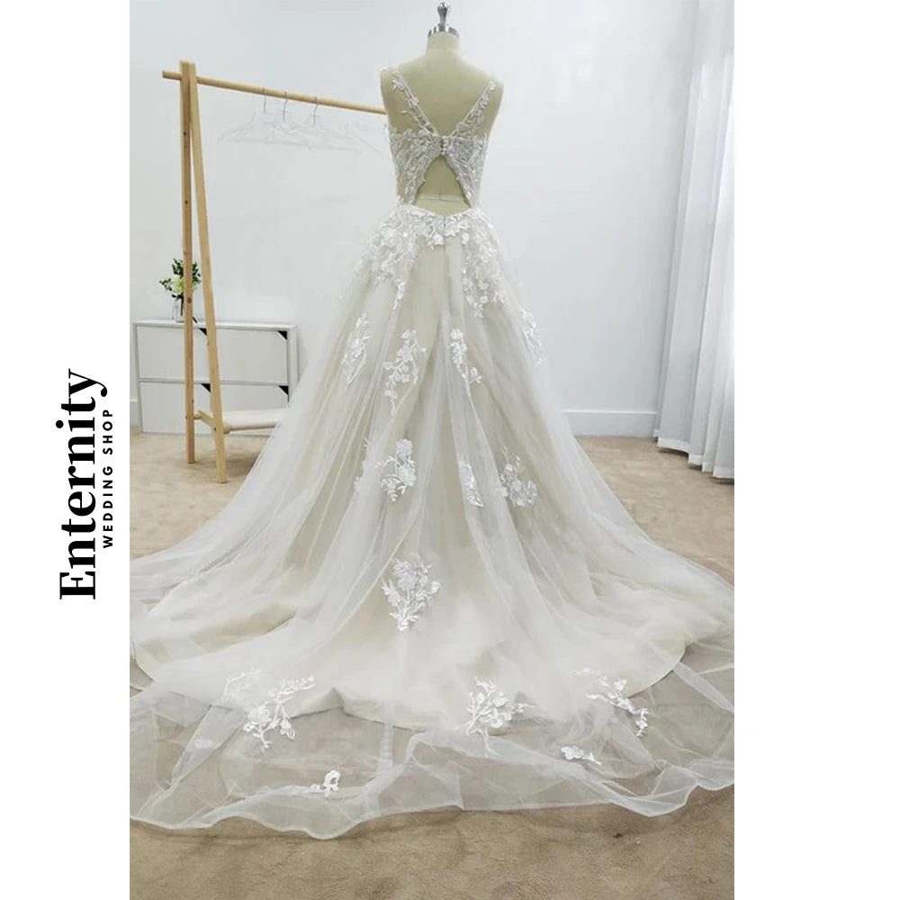 Customized Wedding Dresses Elegant Sleeveless Womens Dresses Floral Lace Applique Backless Bride Dresses Vestidos Para Mujer 5