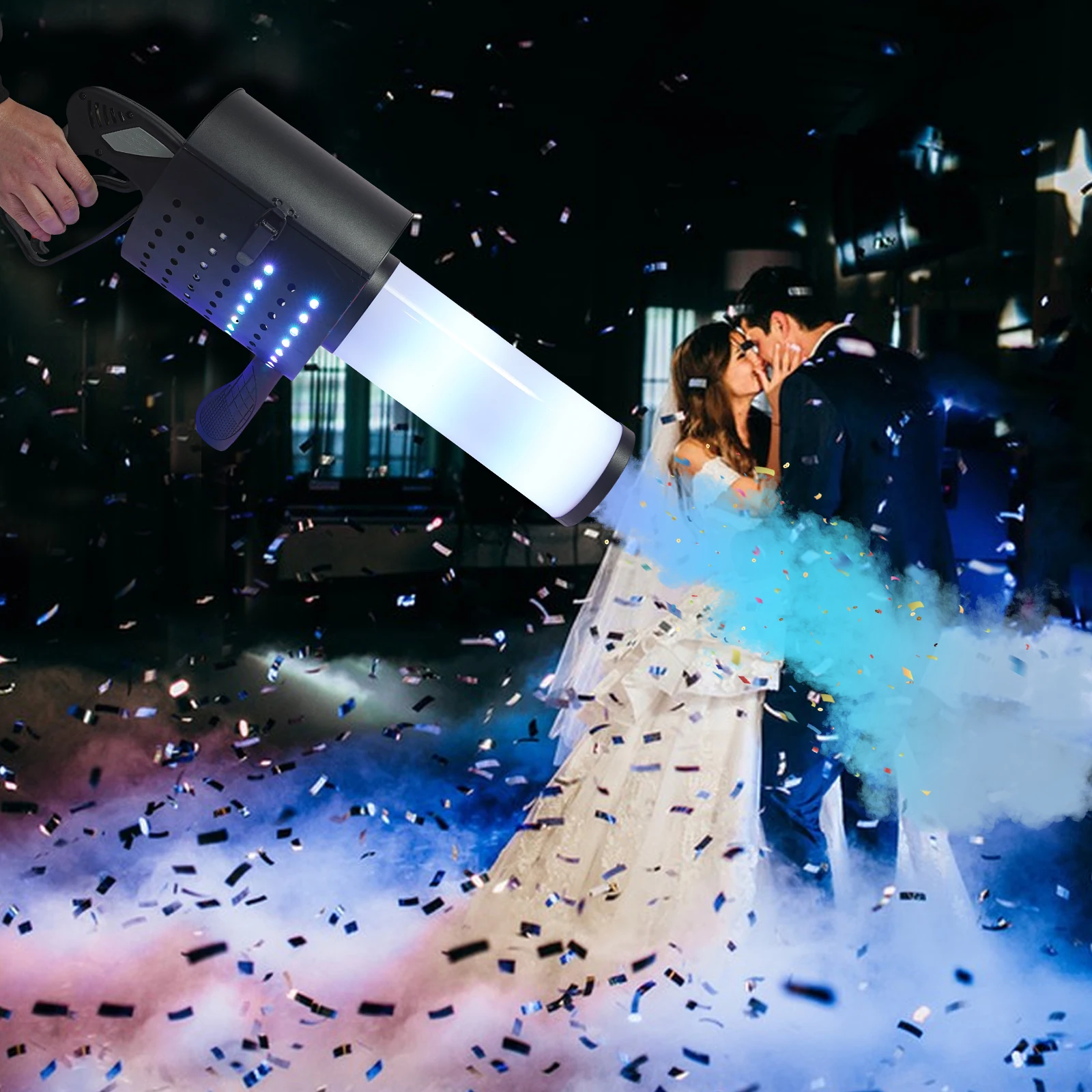 110V Stage LED Co2 Gun + LED Confetti Cannon Machine Handheld Air Column Hood Colored Paper for Nightclub Wedding Party DJ
