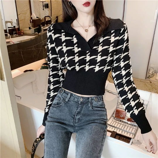 

houndstooth NEW Long Sleeve Loose Tops Slim Woman Pullover Knitted Sweater Jumper Spring Top Cloth Clothes for Women Girl Lady