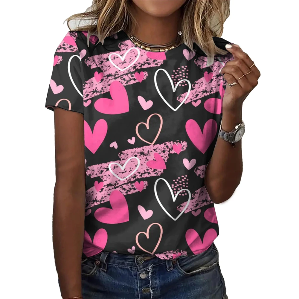 

Women's T-shirts Fashion Love Heart Printing Girls Tee O-neck Short Sleeve Ladies Clothes Leisure Loose Female Tops Pullover