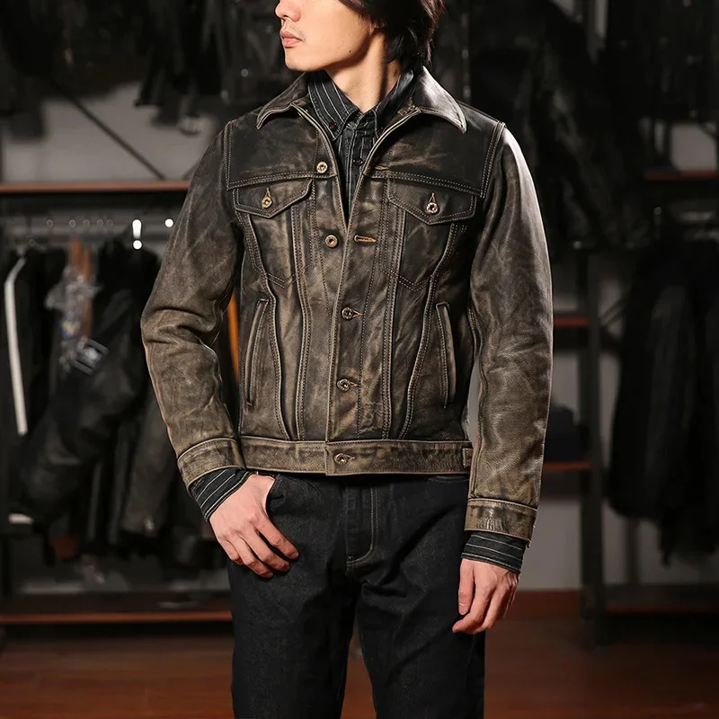 

Free shipping.Luxury vintage gray genuine leather coat,507 style 1.4 mm thick cowhide jacket.Heavy natural cloth.slim