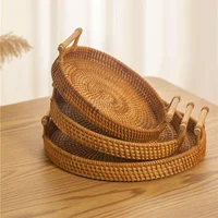 1PC Rattan Strap Handle Storage Basket Bread Snack Fruit Round Round Tray Picnic Woven Storage Basket 1
