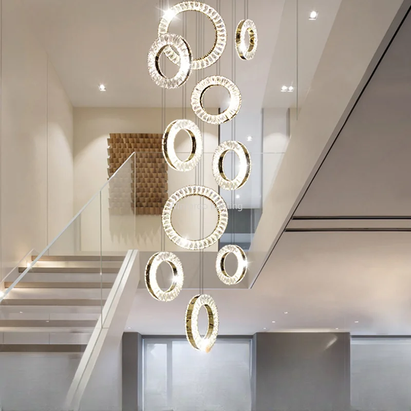 

2023 Modern Crystal Chandelier for Staircase Long Villa Hall Hanging Ring LED Cristal Lamp Large Home Decor Light Fixture Lamp