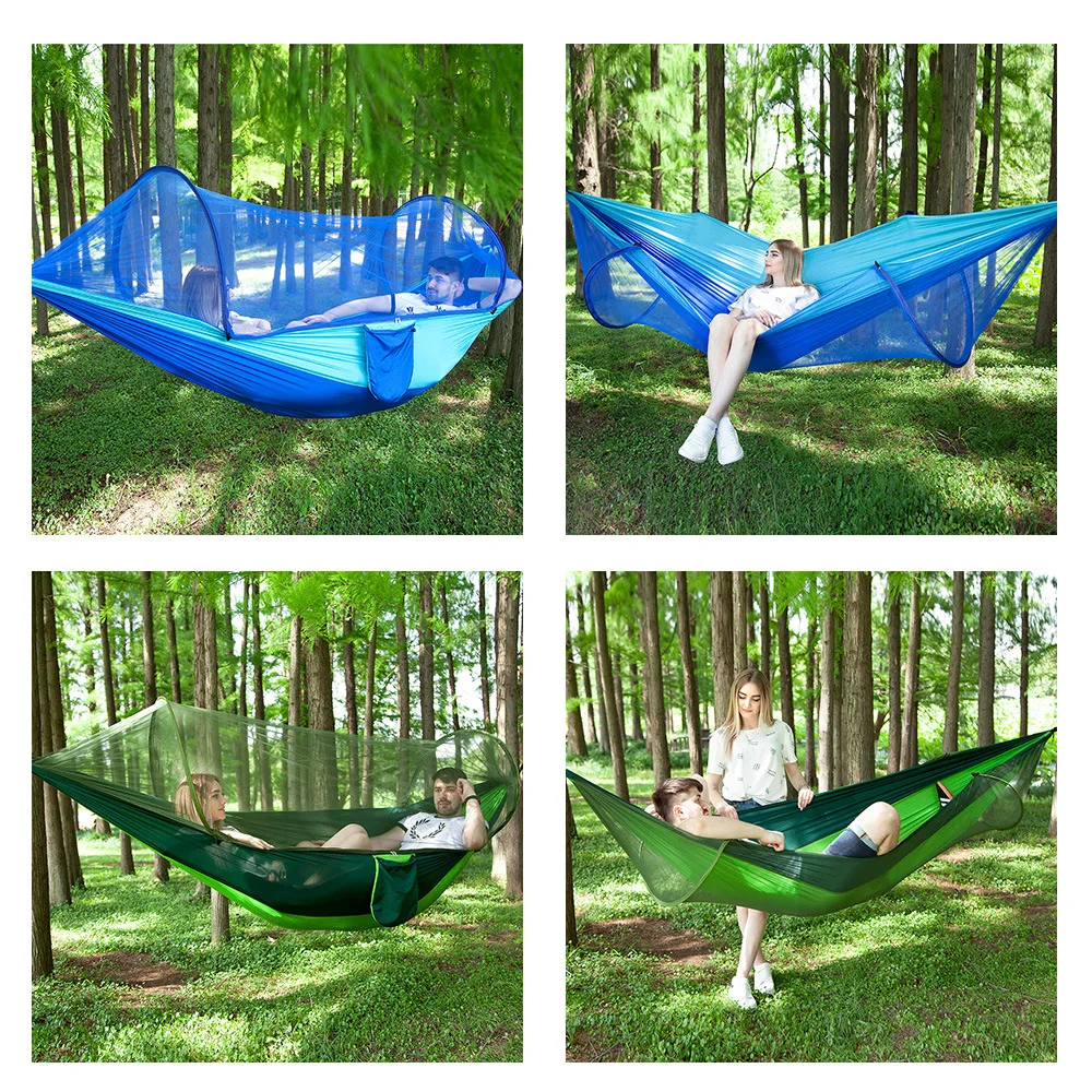 Description Picture 5 of item290*140 Hammock with Anti-mosquito Outdoor Double Nylon Parachute Cloth Camping Mosquito Net Quick Open Hammock Control Hammock