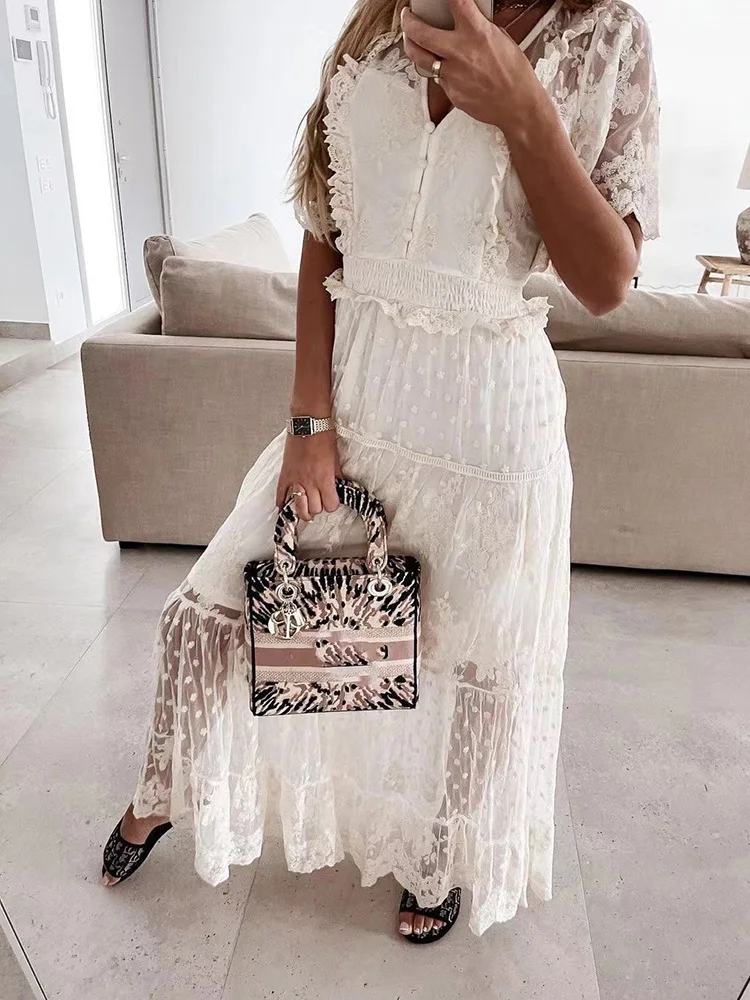 

New Women Solid Hollow Out Lace Deep V-Neck Party Dress Summer Casual Short Sleeve Elastic Waist Ladies Dress Streetwear Vestido