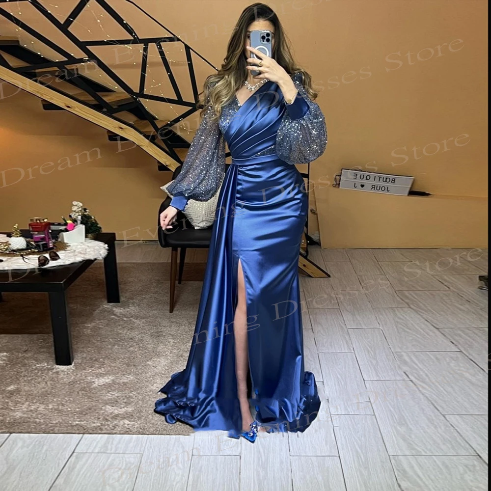 

Beautiful New Navy Mermaid Long Sleeve Evening Dresses Sexy Fashion V-Neck Satin Prom Gowns High Split Abito Da Festa Di Nozze
