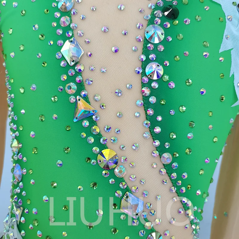 LIUHUO Body Da Ginnastica Ritmica Per Ragazze E Donne – Verde, Taglia XS – Maniche Corte, Stampa A Diamanti