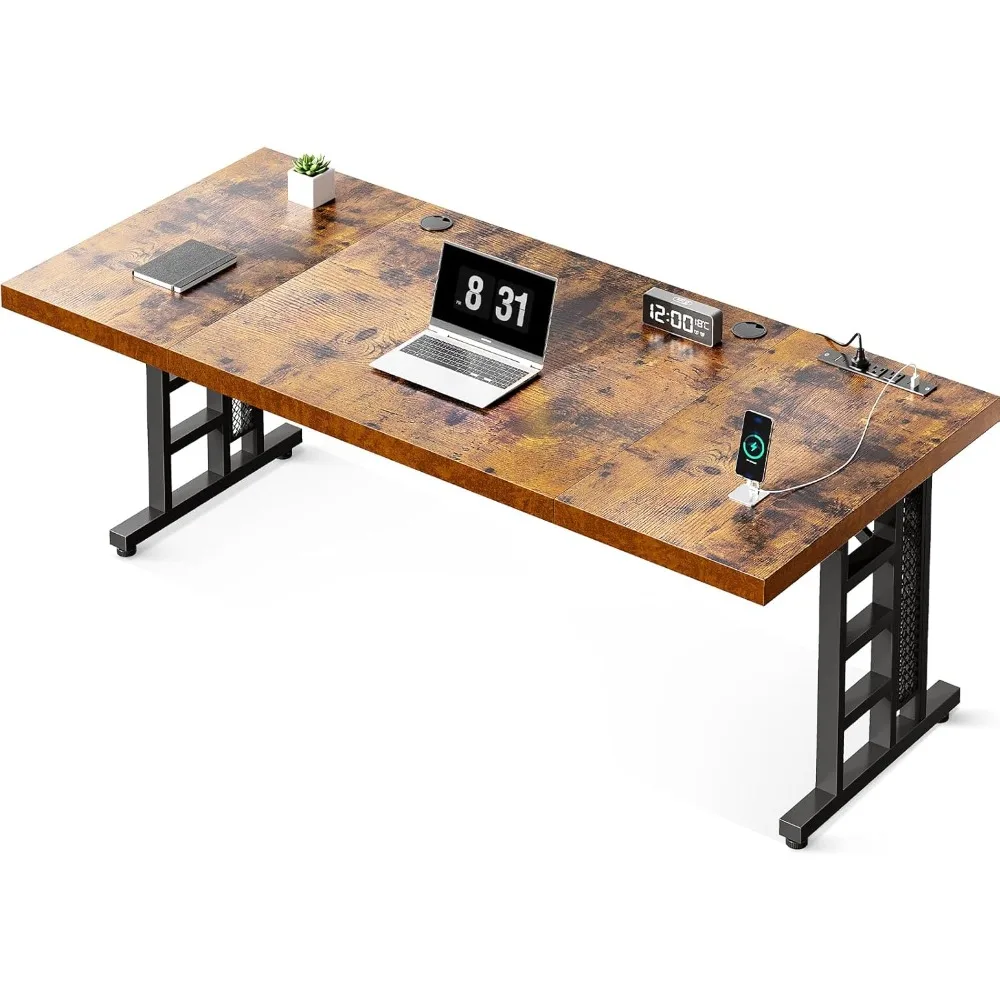 Executive Desk with USB Ports, Large Computer Desk with Extra Thick, Long Mordern Office Desk, 2