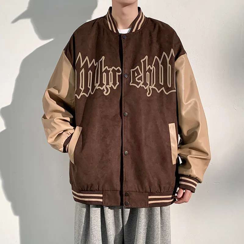 Vintage Suede Leather Baseball Jacket Streetwear Hip Hop Men Bomber Jackets Oversized College Style Couples Spring Autumn Coat