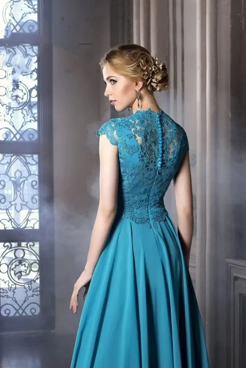 Customize A Line Long Mother of the Bride Dresses V-Neck Capped Sleeve Lace Appliques Floor Length Formal Evening Gowns