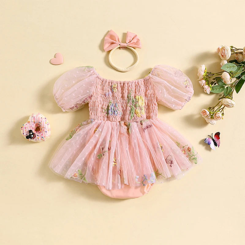 

Infant Baby Girls Flower Embroidery Romper Dress Short Puff Sleeves Tulle Jumpsuit with Bow Headband