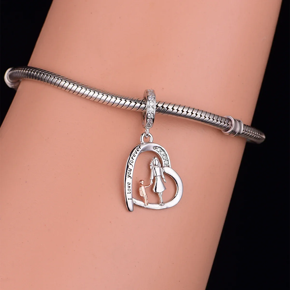 Fit Original Pan Charm Bracelet 100% 925 Silver Mother Son Hold Hands Walk Together Bead For Making Mother's Day Berloque DIY 3