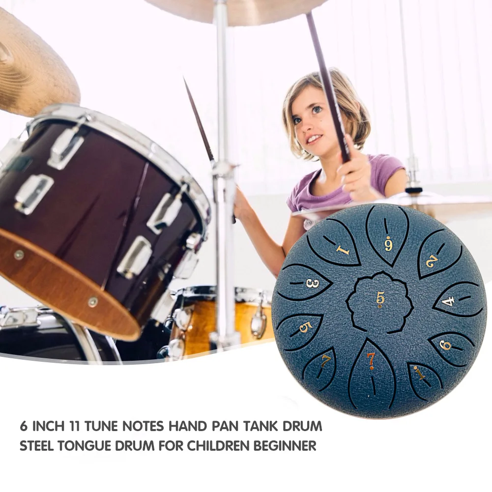 6 inch Steel Tongue Drum 11 Tune Notes Percussion Musical Instrument Hand Pan Tank Drum with Bag Drumsticks Sticker for Children