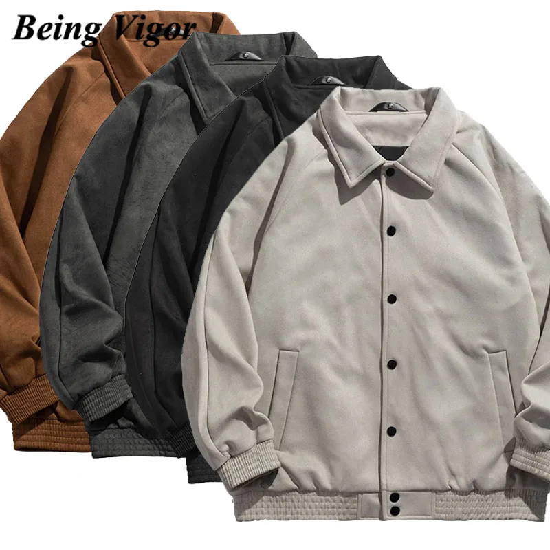 

Being Vigor Mens Suede Jacket Spring Button Windbreaker Turnover Collar Street Trench Jacket For Men Jackette chaquetas hombre