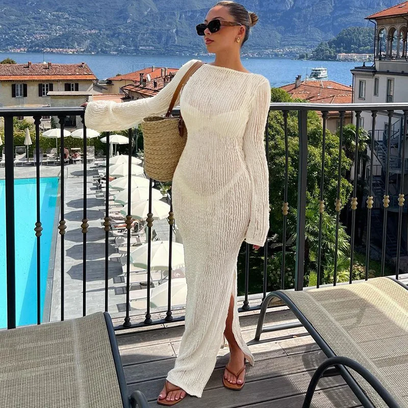 

Women's 2023 Winter Fashion Sexy Backless Hollow Slim Slit Slit Long Sleeve Dress Party Dress Club Outfit