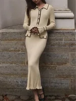 REALEFT Autumn Winter Elegant Knitted Long Ruffles Dressres 2025 New High Waist Buttons Turn-down Collar Sweater Dresses Female - Image 2