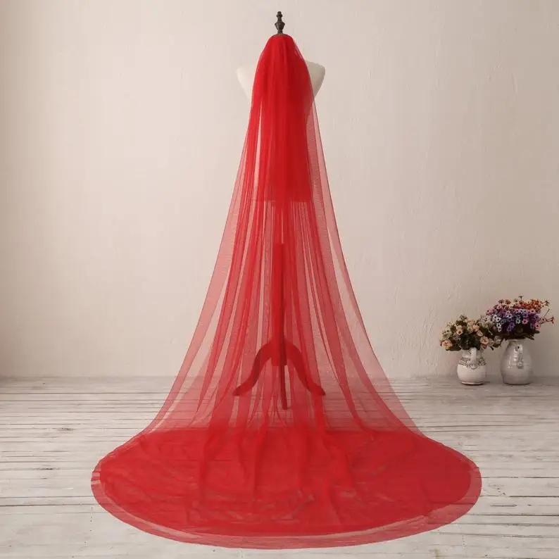 Red Soft Wedding Veil Long Plain Edge Bridal Veil White Bridal White Wedding Soft Two Layers