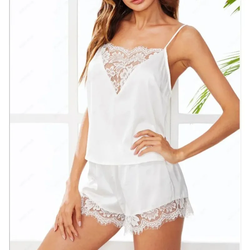 Women Ice Silk Pajamas Sleepwear Pajama Set Nightgowns Nightdress Camisole Shorts Black Red L XL Lace Casual Sexy Smooth 파자마