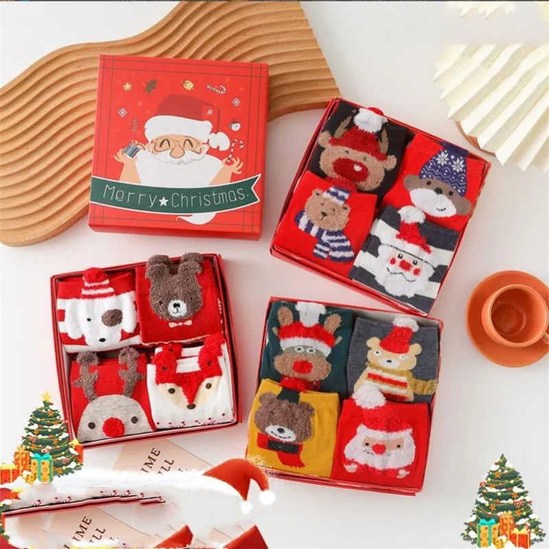 

4 Pairs/Lot Christmas Socks for Women Men Santa Claus Elk Snowman Cotton Funny Floor Unisex Men's Socks New Year Christmas Gift
