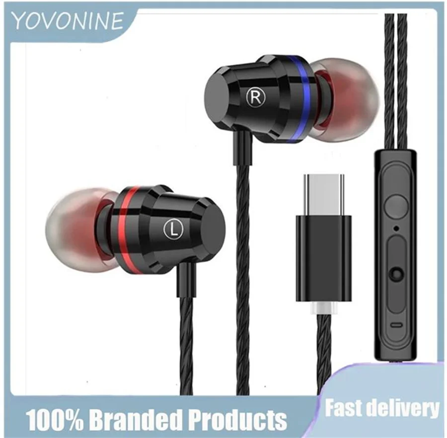 

YOVONINE Type C Earphone Extra Bass Straight Line Subwoofer Wire Headphones In-ear Metal Sports Music Earphone Wired Headphones