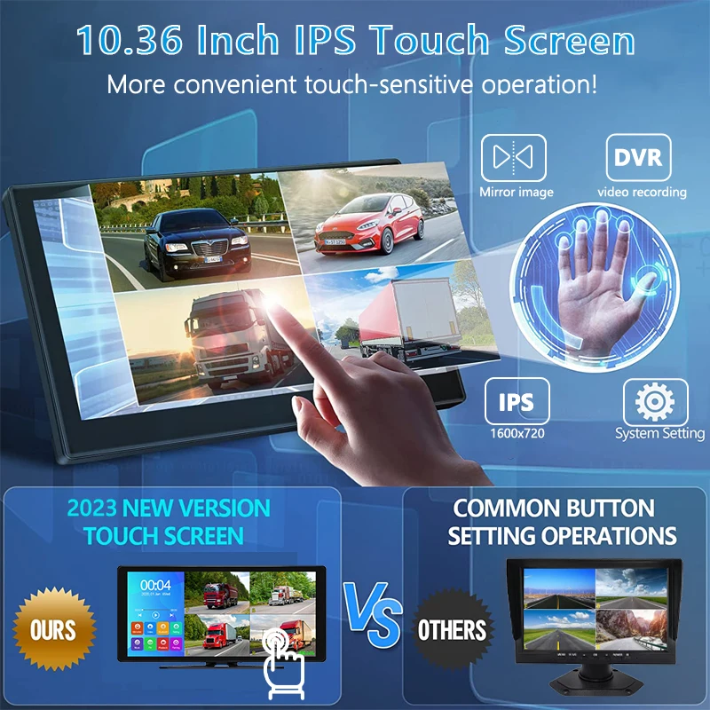 10.36" 4 Channels Touch Split Screen Car 1080P MP5 Recorder Monitor With AHD Backup Camera DVR for Truck Bus Pickup Trailer