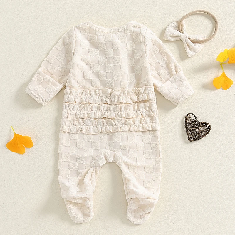 -06-13 Lioraitiin Newborn Girl Outfit, Frill Trim Long Sleeve Fleece Footed Jumpsuit Bow Headband 2Pce Set for Fall Winter