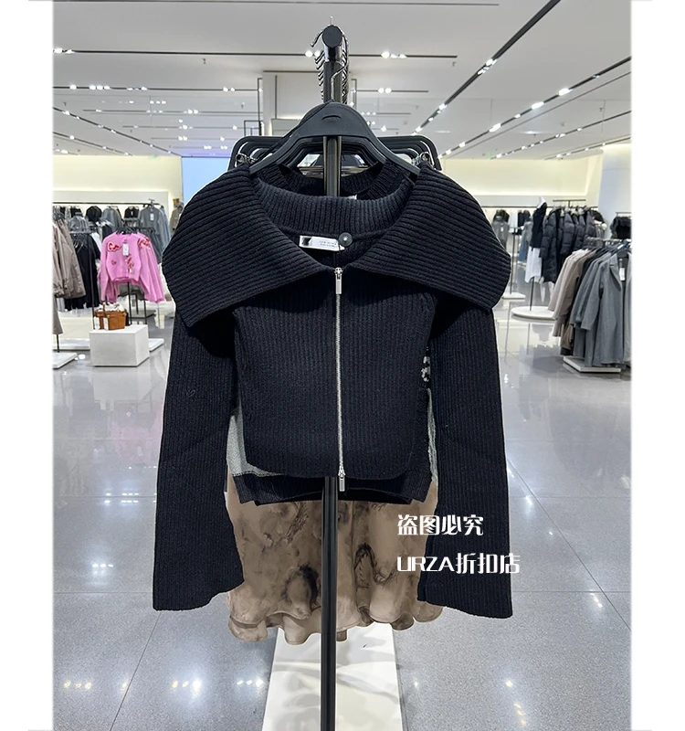 

Zipper Fashion Trend Cardigans Black Color Full Sleeves Knitwear Crop Tops Elegant Hip Hop Jumper Jackets