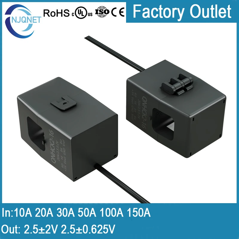 Sensor de corriente de núcleo dividido, QNHCK2-16 Hall 10A 20A 30 50A 100A/2,5 ± 0.625V 2,5 ± 2V ct, transformador de abrazadera, transductor de corriente CC hall