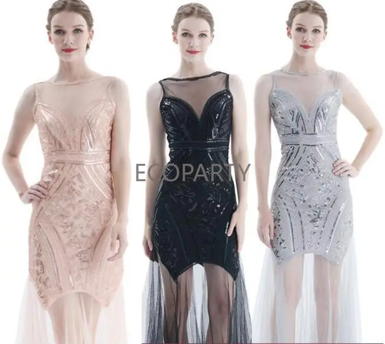 Nuove Donne Senza Maniche V Back Sheer Long Vestido Beaded Paillettes Maxi Dress Vintage 1920S Great Gatsby Dress Slim Banquet Dresses