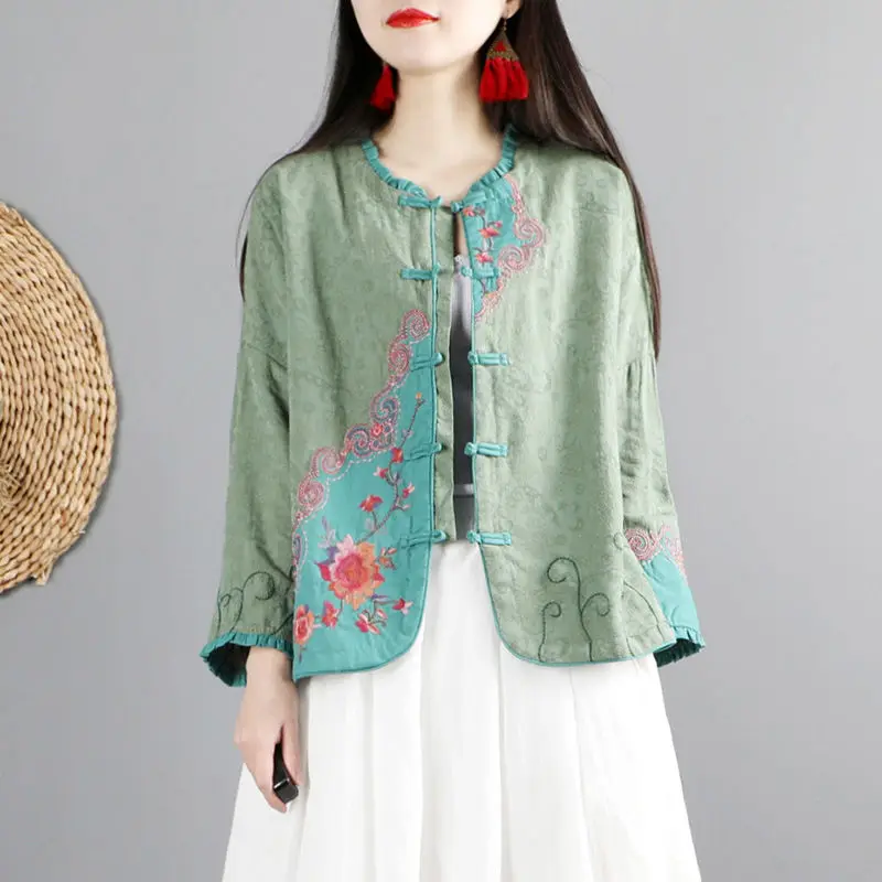 

2024 Chinese retro cotton linen top women's spring autumn casual coat versatile oriental style button long sleeved cardigan