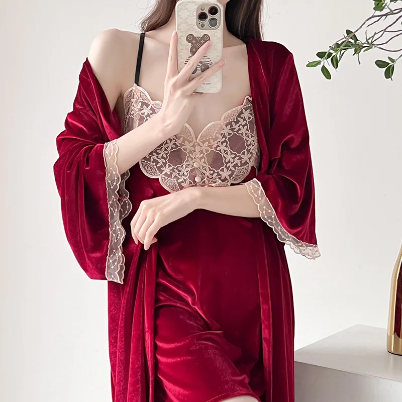 

Бархатный бархатный костюм-двойка бордового цвета, женская одежда для сна, ночная рубашка, Осень-зима, велюровое кимоно, халат, повседневный сексуальный кружевной домашний халат