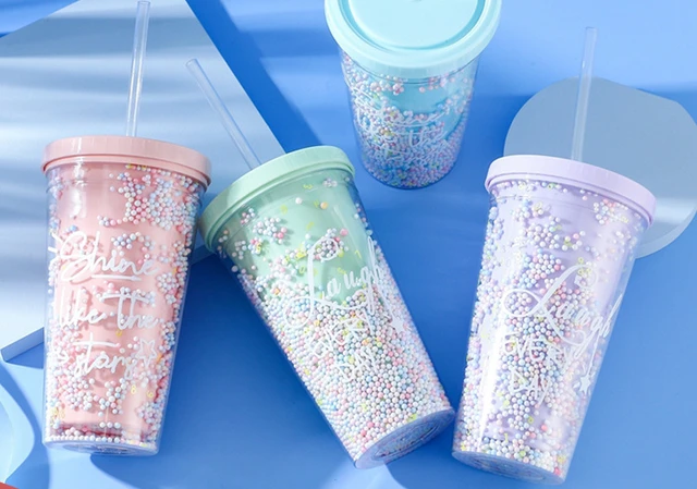 1pc Creative Rainbow Plastic Drinking Cup With Straw, Large Capacity,  Forest Style And Double Layered With Colored Beads